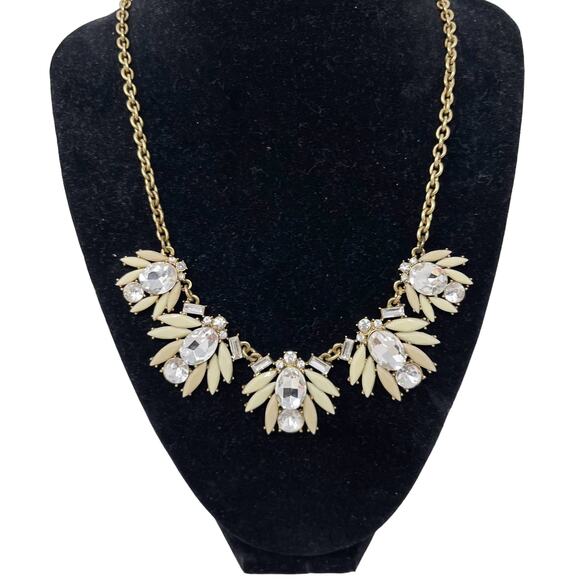 J Crew Gold Tone and Rhinestone Bib Statement Necklace Chainlink Gem Stones - Picture 3 of 6